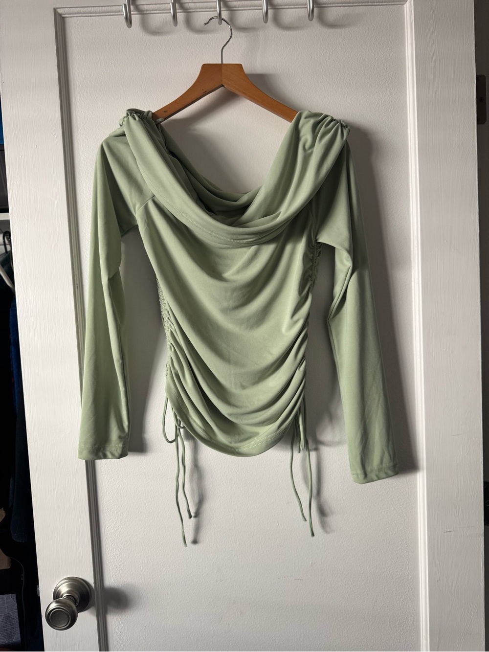 Zara Off-Shoulder Side Ruched Top in Sage Green